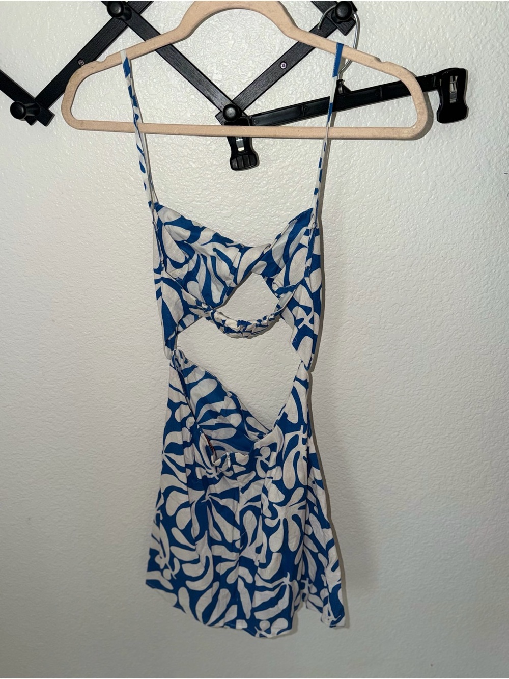 Solid & Striped Elodie Leaf Print Cotton Cutout Open Back Mini Dress Blue Size L - Picture 5 of 5